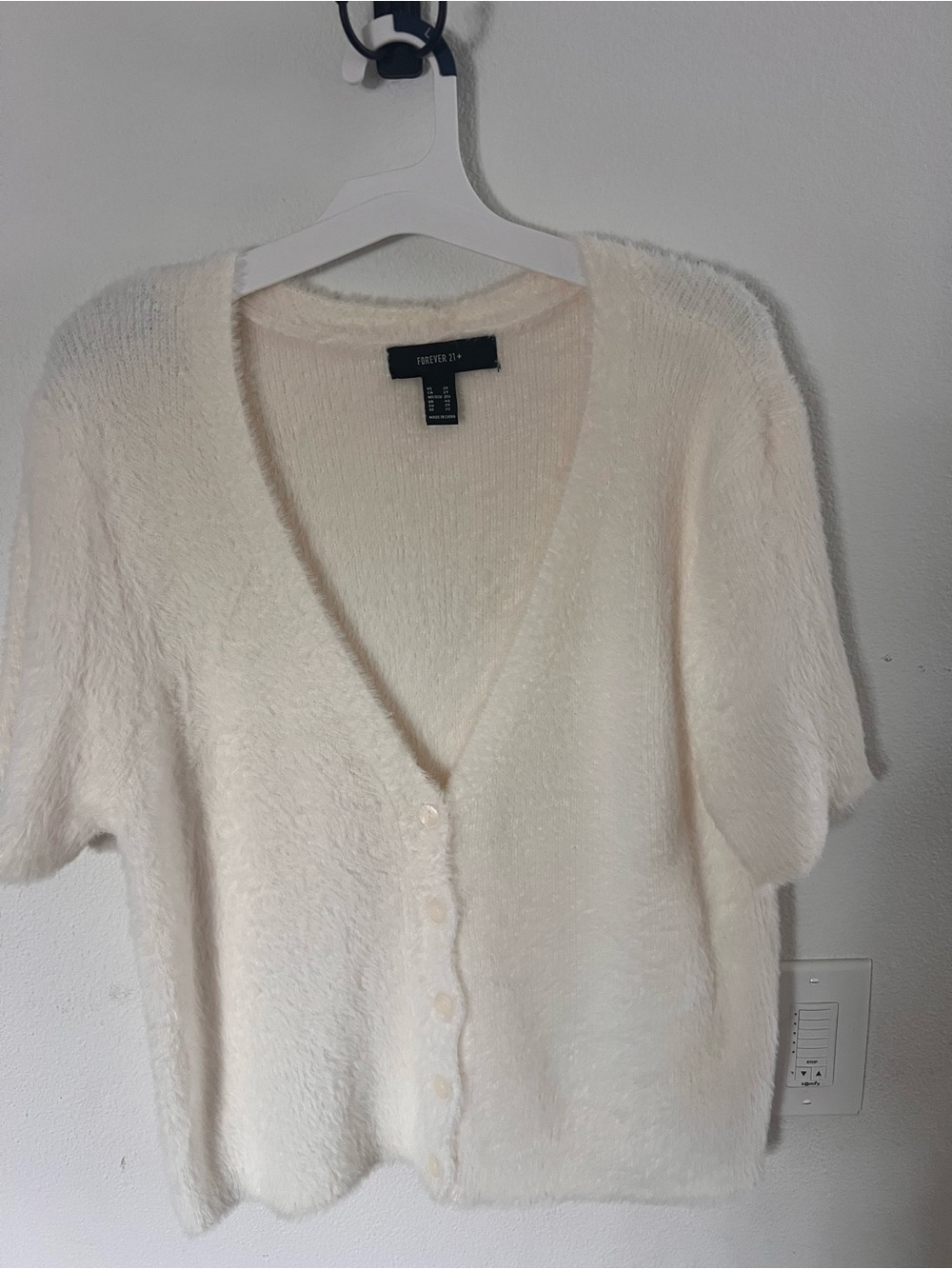 Forever 21 Cream Fuzzy Short-Sleeve Button Cardigan